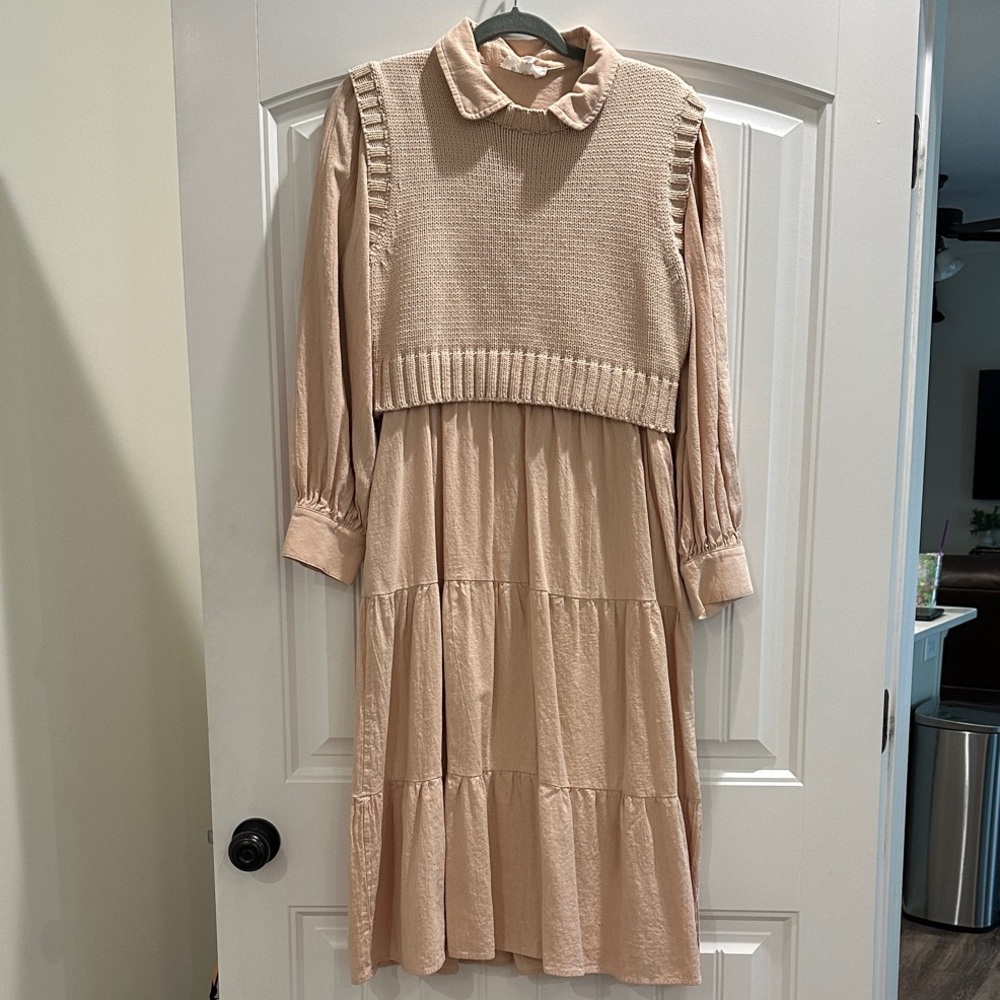 Long Sleeve Tiered Midi Dress with Knit Overlay